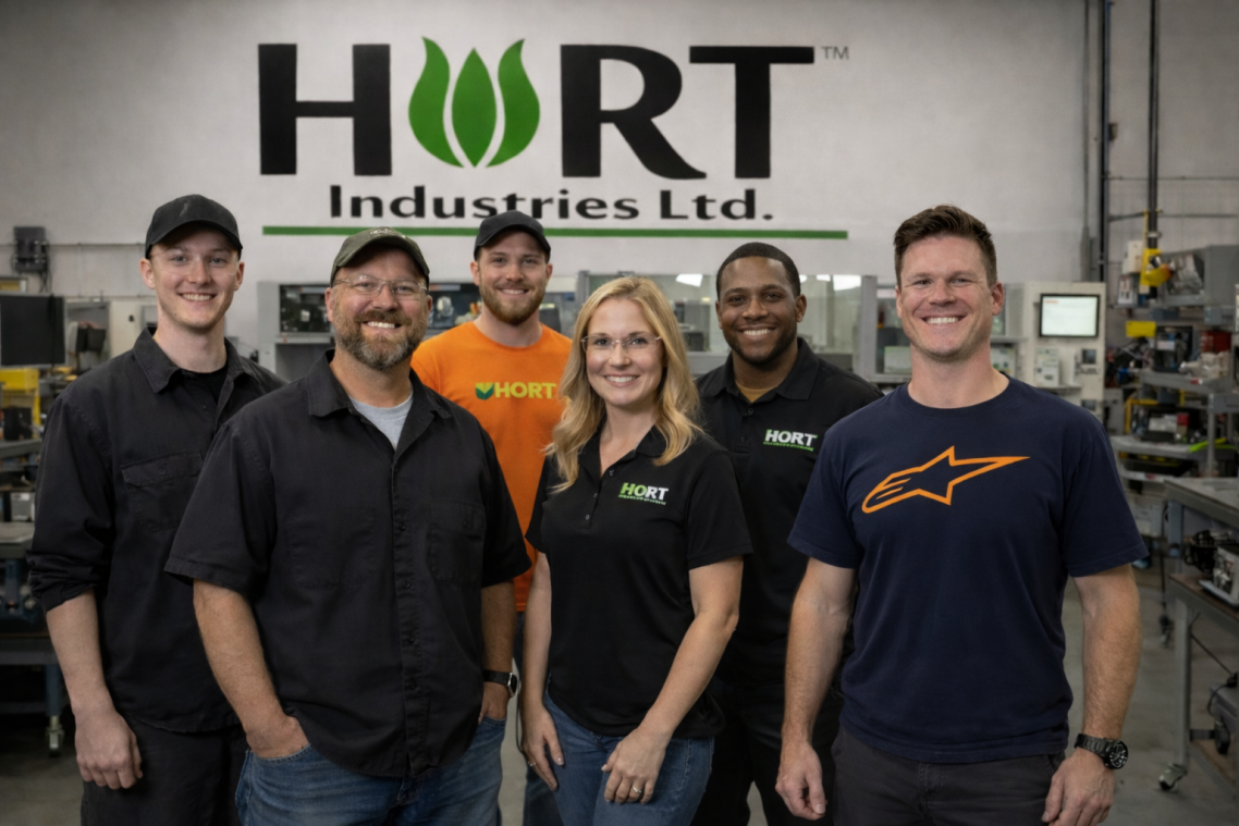 Group of six diverse employees posing in a factory, wearing branded shirts and smiling.