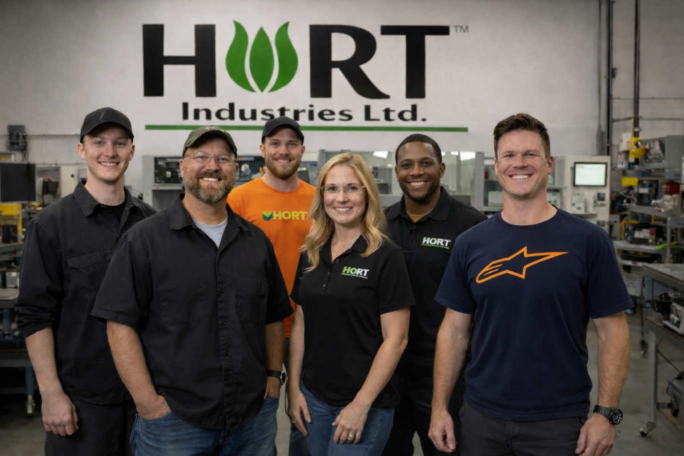 Group of six diverse employees posing in a factory, wearing branded shirts and smiling.